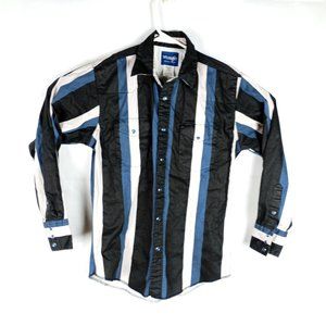 Wrangler Western Striped Shirt Blue Pearl Snap Buttons Blue White Black